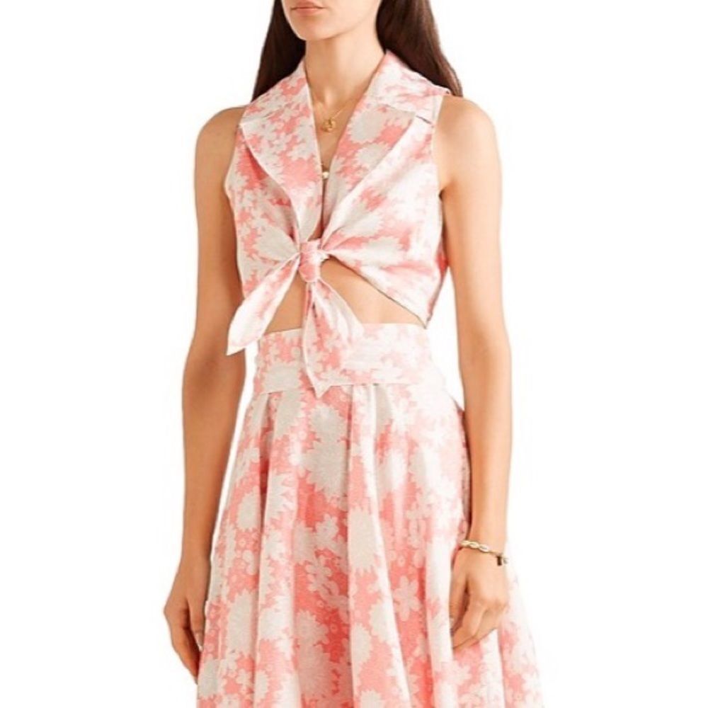 MIGUELINA‎ Pink Floral Cropped Linen Halter Tie Top Size L